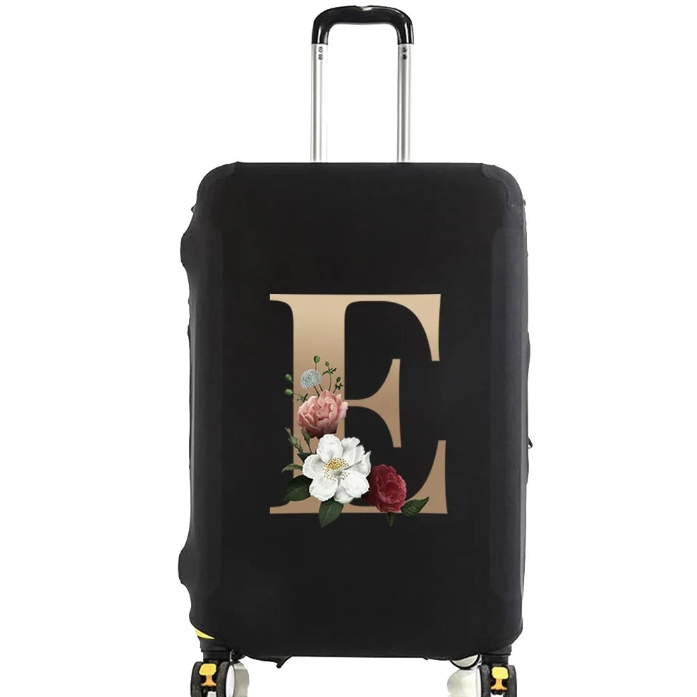 Black premium elastic luggage protective cover with gold lettering and a silver handle.