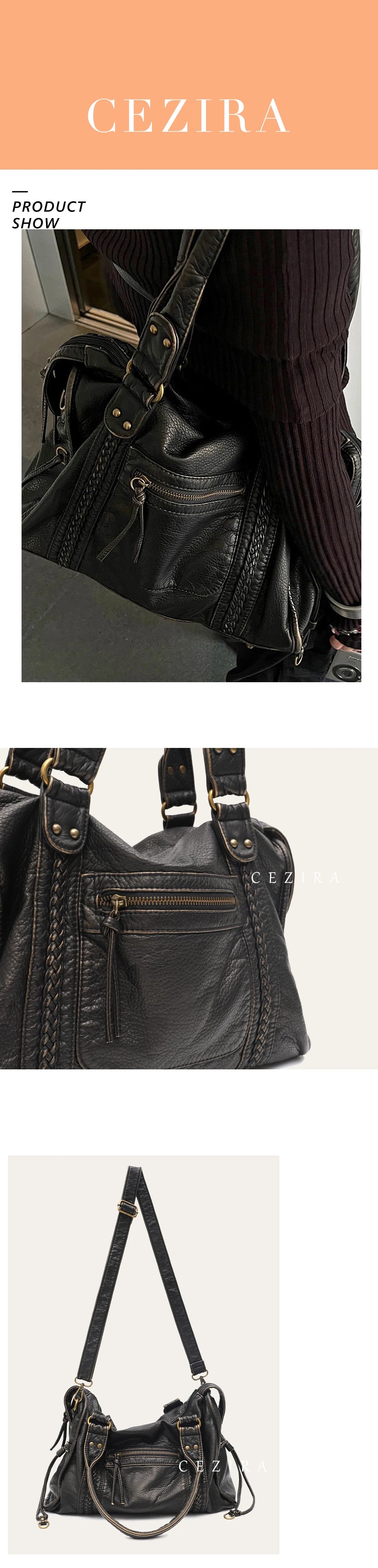 Schwarze Vintage-PU-Leder-Tasche mit Klappe und Reißverschlusstaschen in Nahaufnahme.
