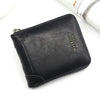 A black Mens Vintage PU leather zipper card wallet is shown lying on a white surface.