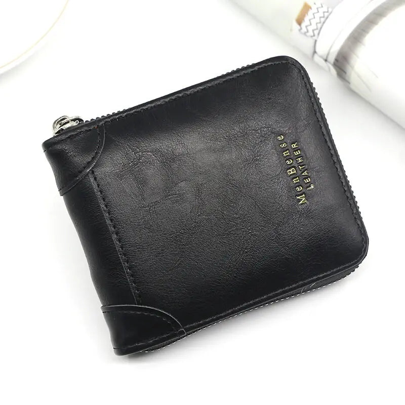 A black Mens Vintage PU leather zipper card wallet is shown lying on a white surface.