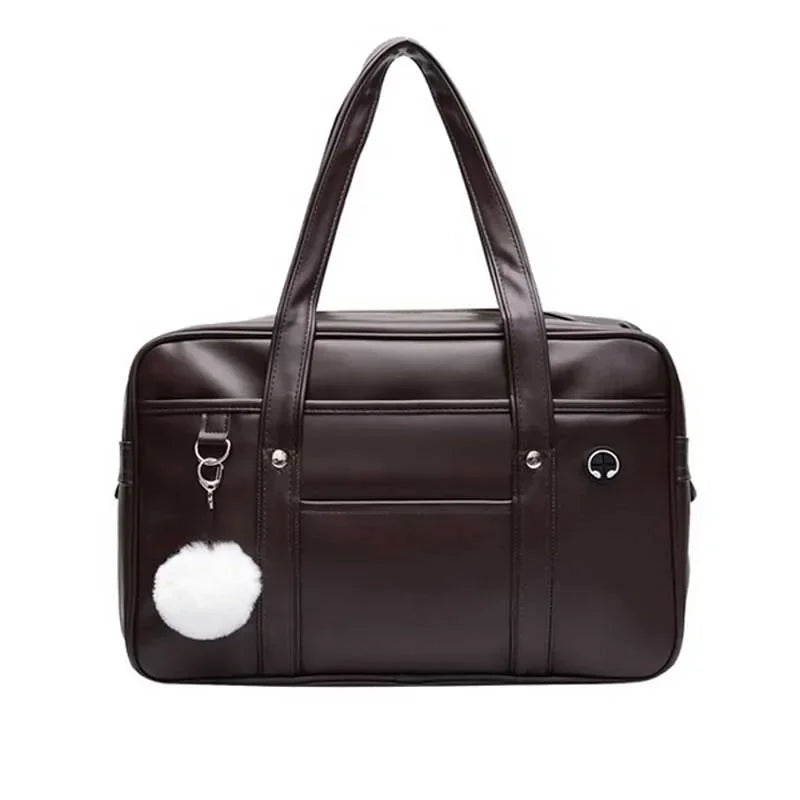A dark brown preppy PU shoulder bag with a flap closure and white fluffy trim.