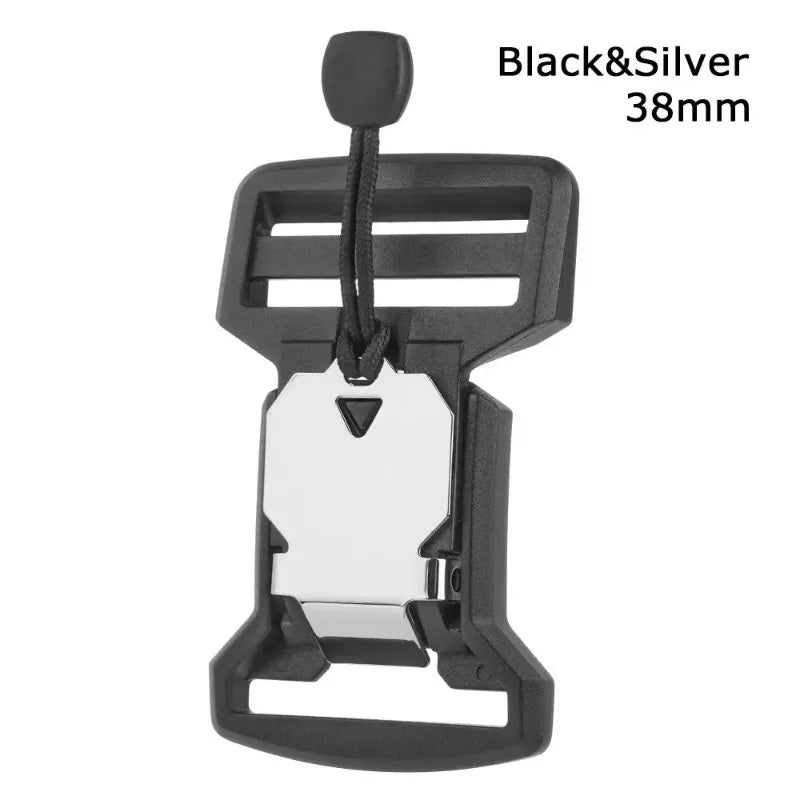 Black and silver magnetic quick release buckle for belts and bags, 38mm.