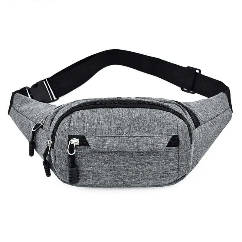 Gray canvas waist fanny bag with black strap and zipper details