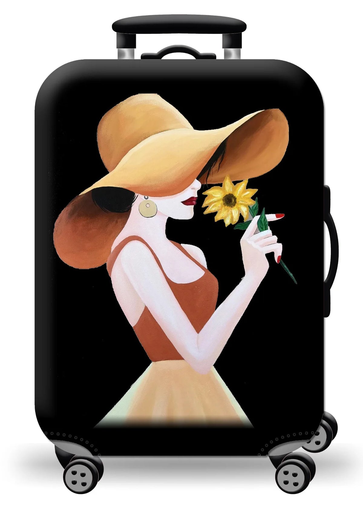 A woman wearing a wide-brimmed hat holds a sunflower against a black suitcase.
