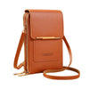 A tan leather crossbody bag with a gold zipper and strap, featuring an RFID-protected touch screen design.