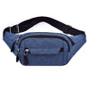 A navy blue canvas waist fanny bag with black strap and zipper details.