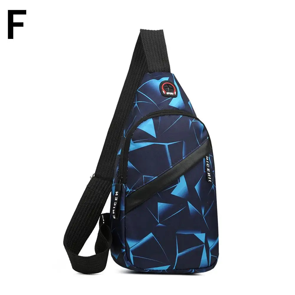 A dark blue geometric patterned waterproof crossbody chest bag with black straps.