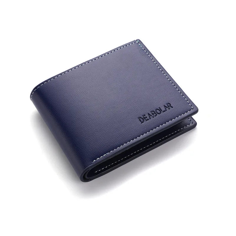 A dark blue men's PU leather folding wallet shown from above.