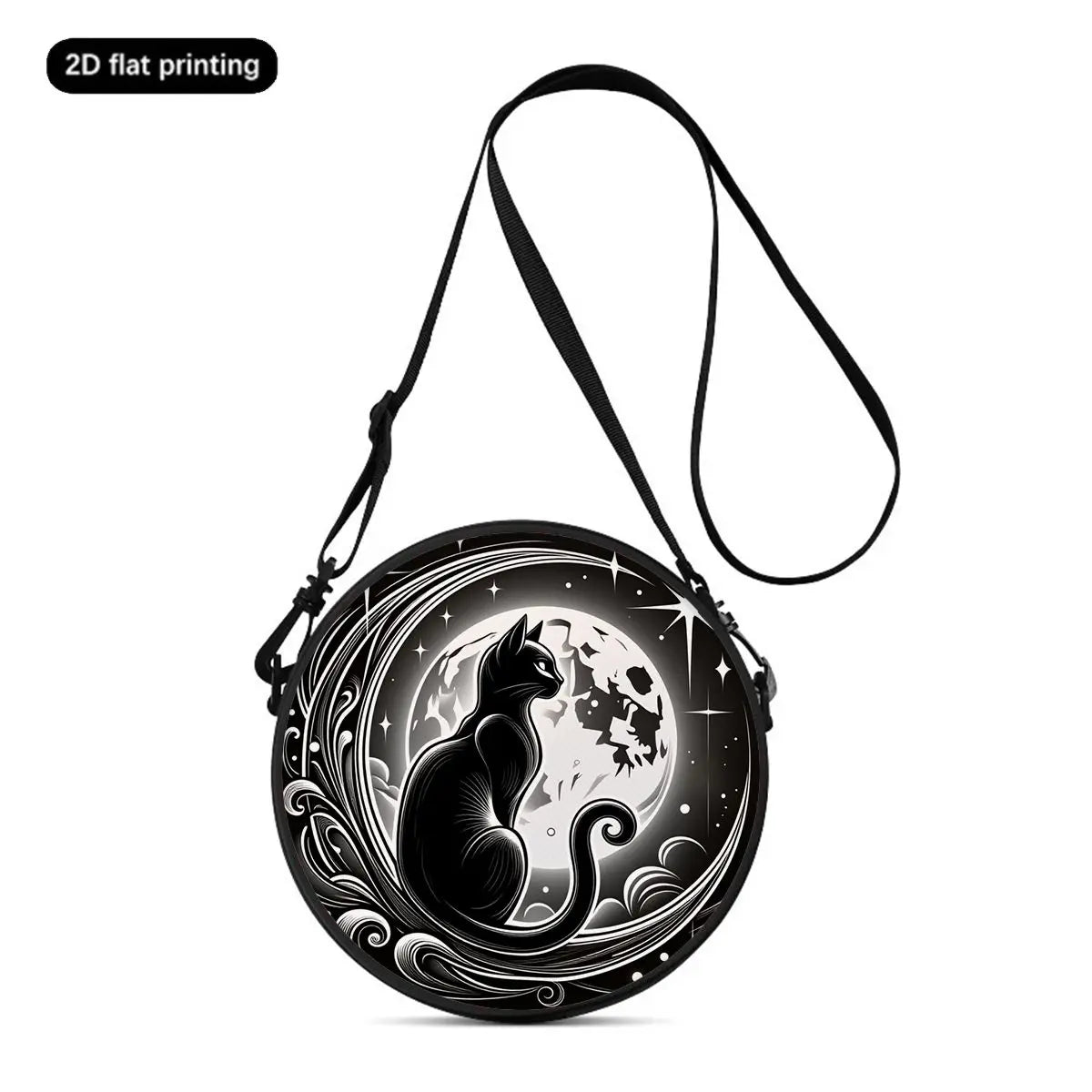A black cartoon cat round crossbody bag with intricate circular design and a long strap.