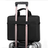 A black slim commuter laptop briefcase shown from the top and side views.