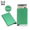 Cartera delgada verde RFID con tarjeta insertada, junto a su forma plegada.