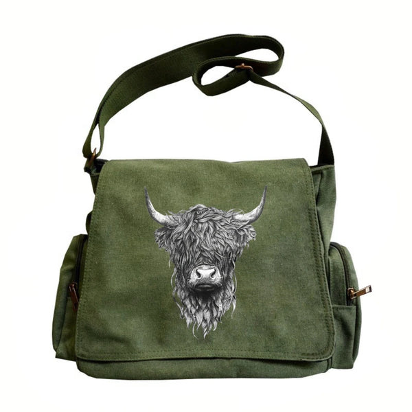 Olive green vintage cow print messenger bag for laptop and everyday use