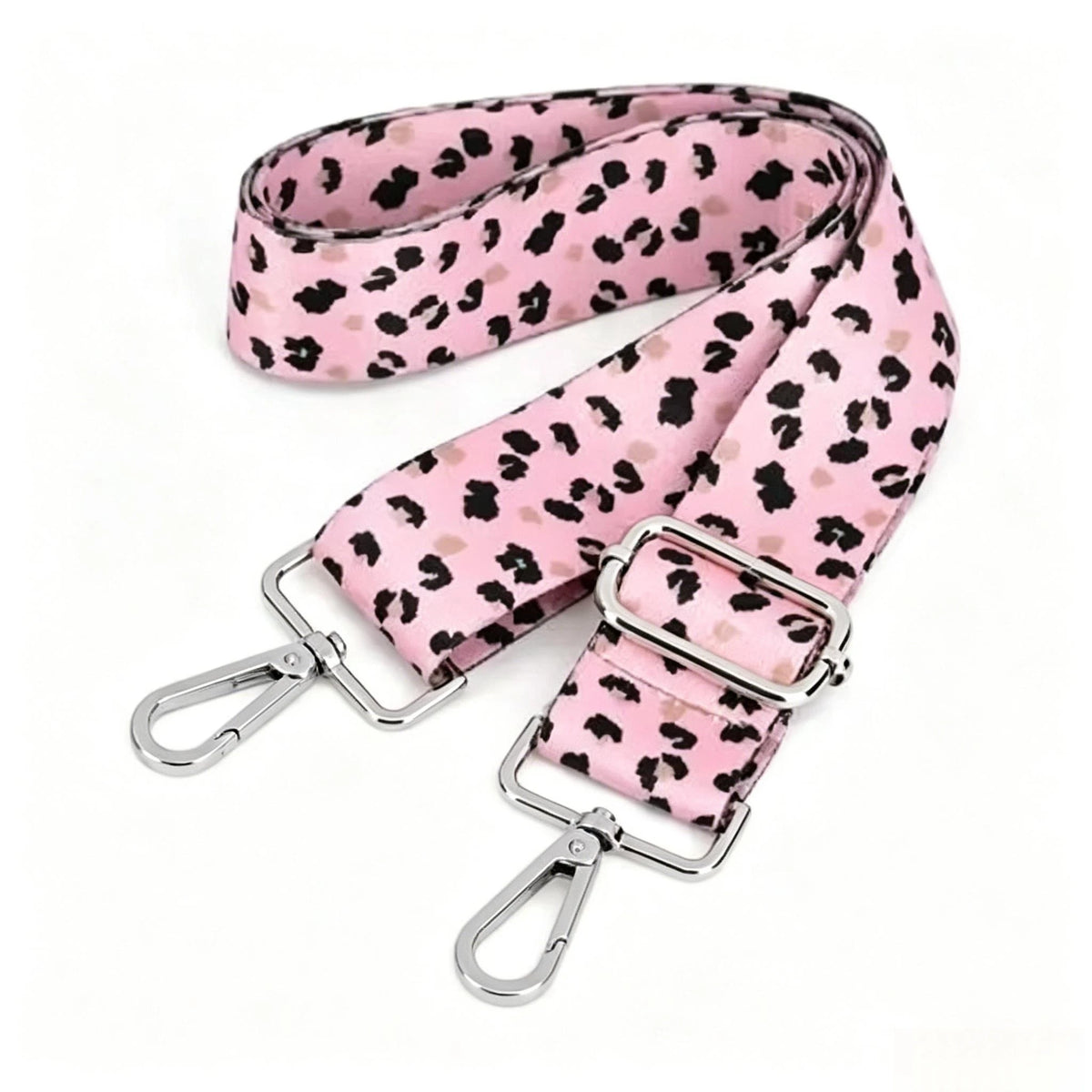 Pink leopard print nylon crossbody bag strap with a silver metal buckle