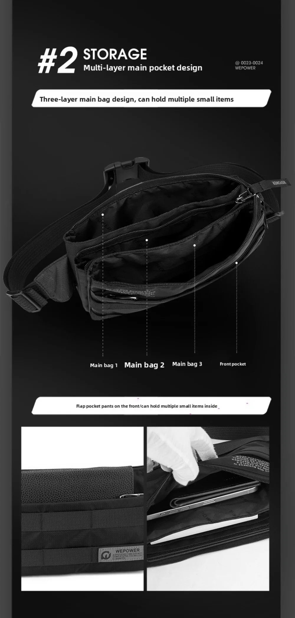 A black multi-layer main pocket design chest bag showing three internal compartments and a front pocket.