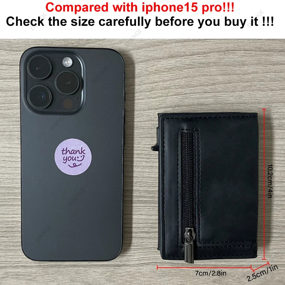 A black phone case and a black card holder wallet are shown with size measurements.