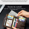 A brown genuine leather men's business wallet is shown open, displaying various card slots and cash inside.