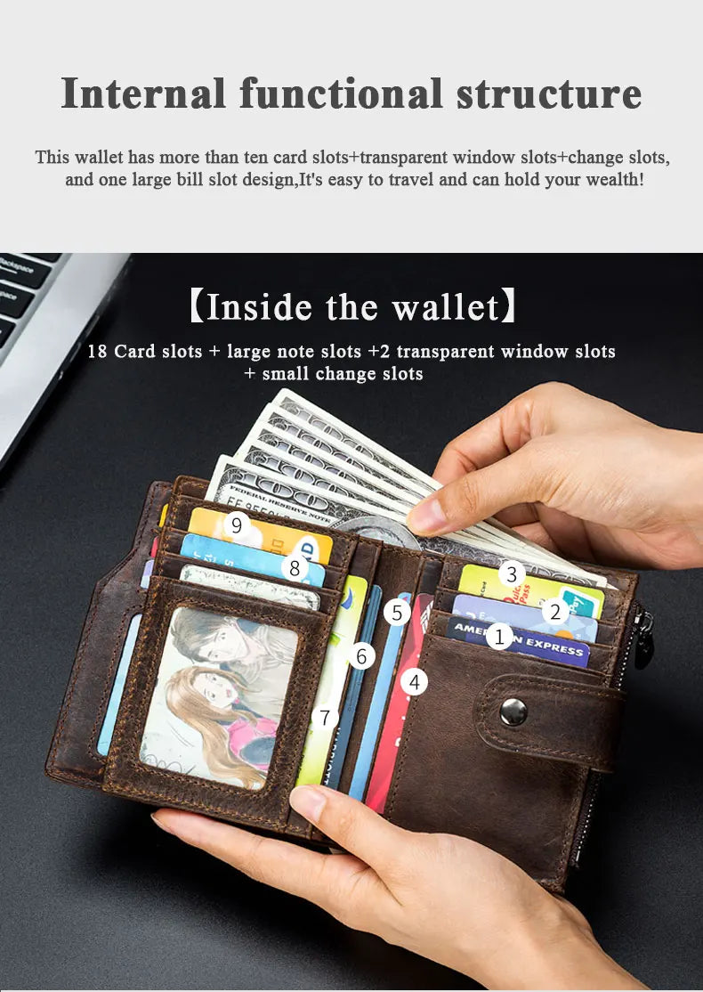 A brown genuine leather men's business wallet is shown open, displaying various card slots and cash inside.