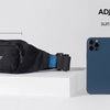 A black adjustable waist bag labeled WATERFLY displayed next to an iPhone 12, showing its size and features.