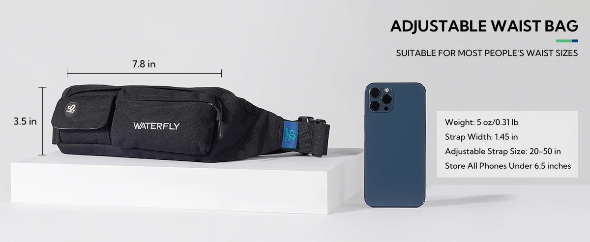 A black adjustable waist bag labeled WATERFLY displayed next to an iPhone 12, showing its size and features.