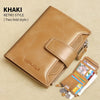 Khaki retro style two fold leather wallet with RFID blocking features and a stack of cards