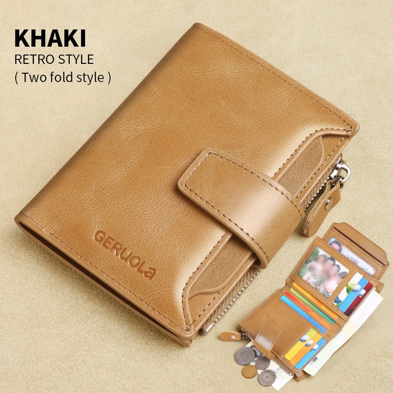 Khaki retro style two fold leather wallet with RFID blocking features and a stack of cards