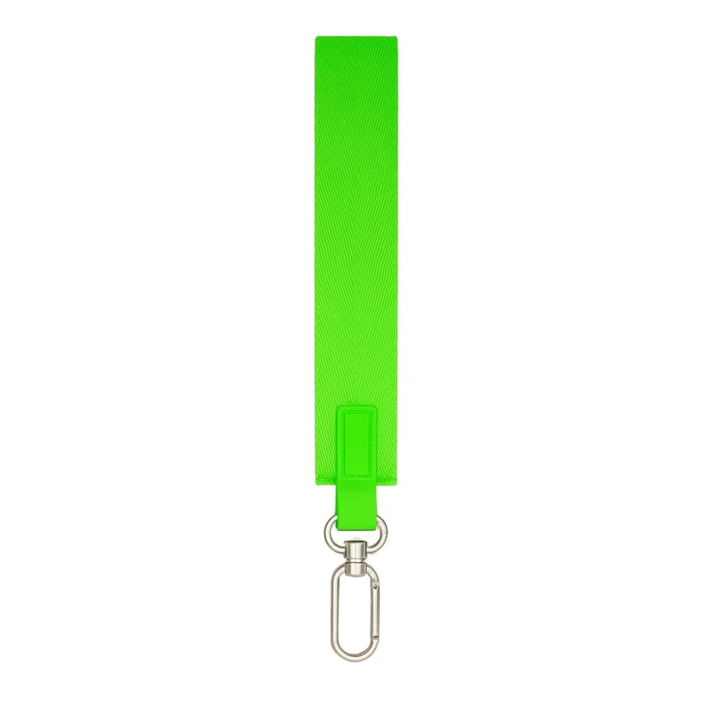 A bright green nylon wrist strap keychain.
