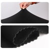 A black thick elastic luggage protective cover shown in two views, demonstrating its texture and fit.