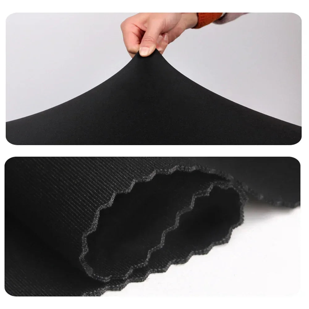 A black thick elastic luggage protective cover shown in two views, demonstrating its texture and fit.