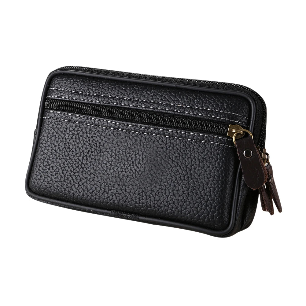Black multi-function PU leather waist bag with a zipper and leather strap.