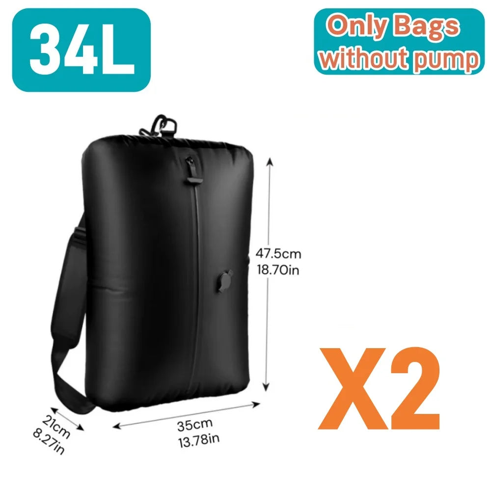 Black vacuum storage bag, 34L capacity, shown with dimensions and text indicating no pump required.