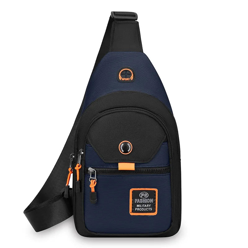 Navy and black compact oxford crossbody sling bag with orange accents