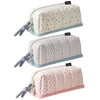 A set of three soft fabric pencil cases featuring a creative dot pattern in pastel colors for school and office use.