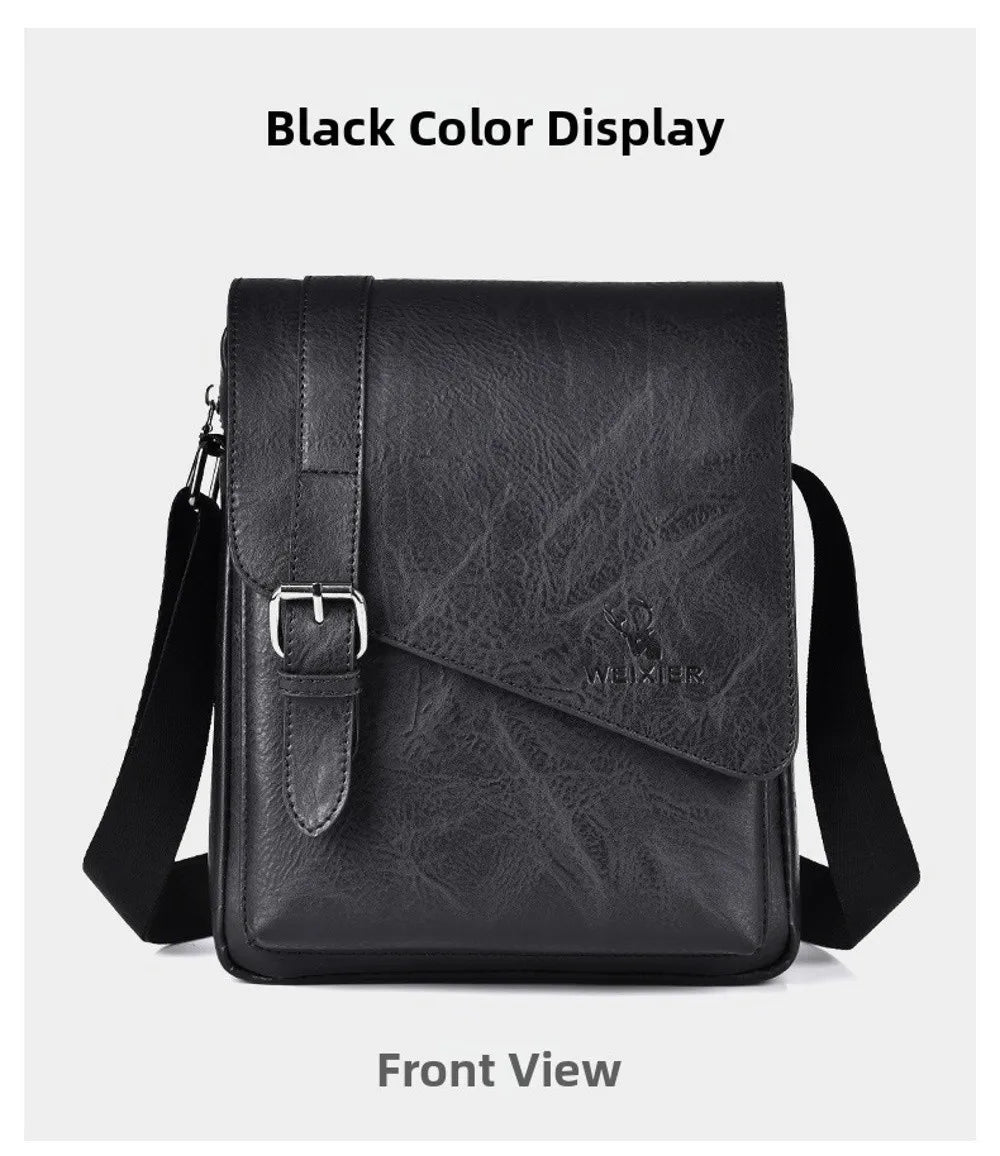 Black color display of a men's PU leather messenger bag shown in front view