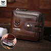A brown genuine leather wallet is shown next to a folded striped wallet.