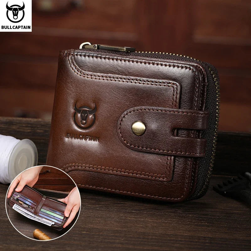 A brown genuine leather wallet is shown next to a folded striped wallet.