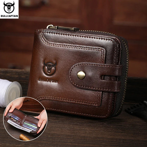 A brown genuine leather wallet is shown next to a folded striped wallet.