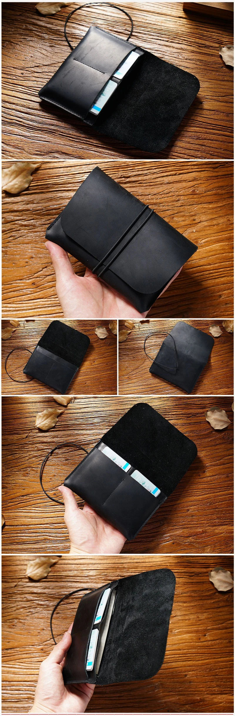 A black minimalist full-grain leather passport holder and card wallet is shown being held on a wooden surface.