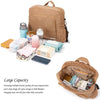 A brown soft corduroy diaper backpack filled with baby essentials like wipes, creams, and bottles.