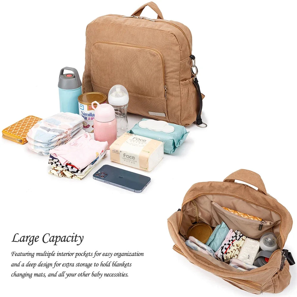 A brown soft corduroy diaper backpack filled with baby essentials like wipes, creams, and bottles.