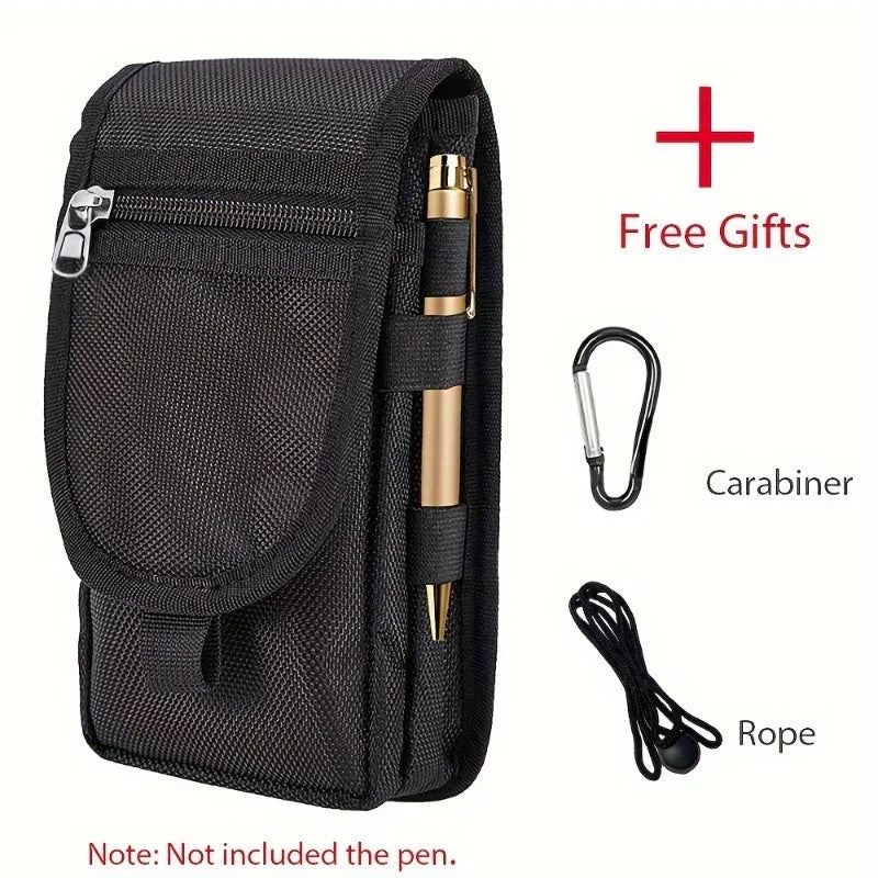 Black multi-functional phone pouch belt bag with a pen, carabiner, and rope included