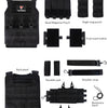 Black tactical plate carrier vest showing various components like front panel, magazine pouches, and back panel with shoulder