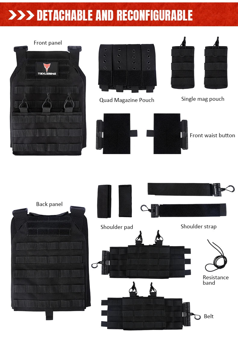 Black tactical plate carrier vest showing various components like front panel, magazine pouches, and back panel with shoulder