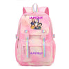 A pink and purple Hunterx laptop backpack featuring a plush pink pom-pom and character designs.