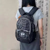 A person is wearing a black fashion backpack with a butterfly print on a light gray t-shirt.