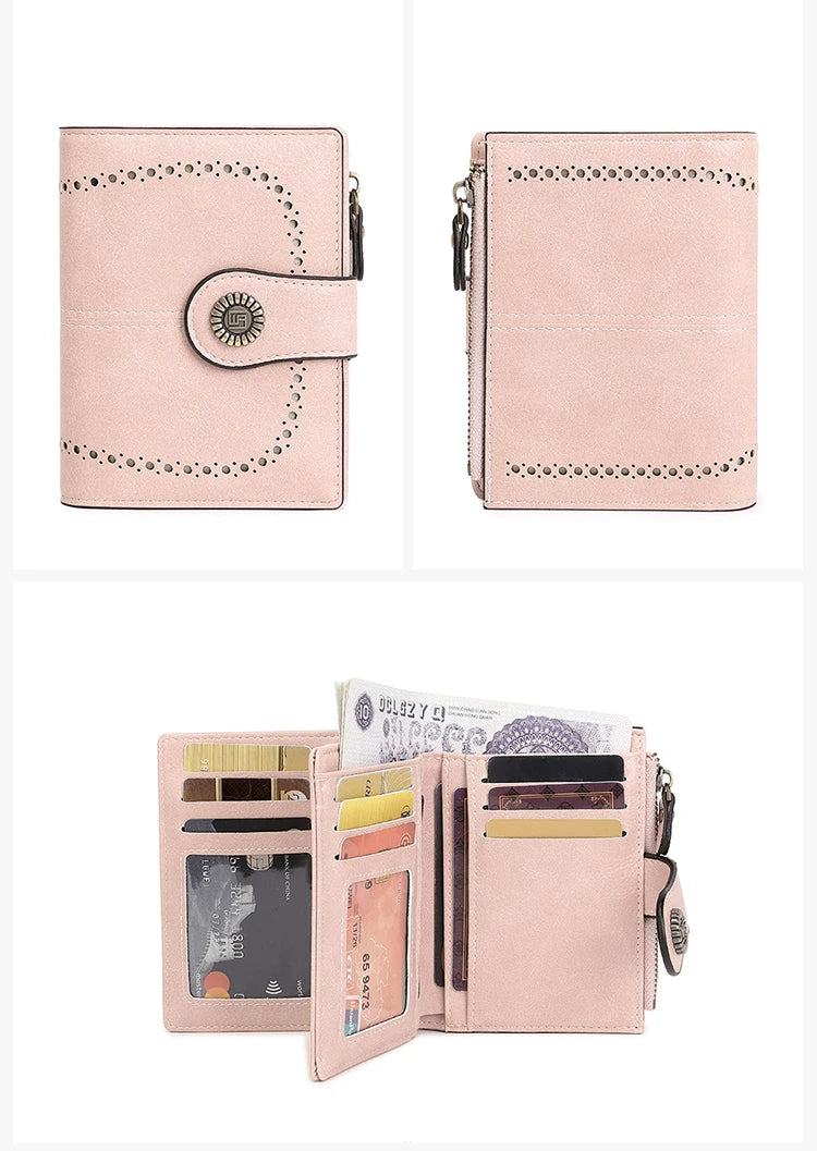 A light pink multi-fold wallet with a leather flap and RFID protection features is shown in various views.
