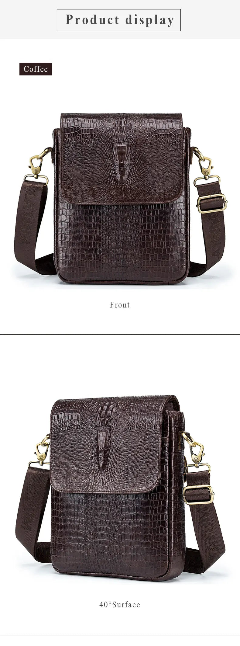 Dunkelbraune Lederhandtasche mit Vintage-Krokodillenmuster, Frontansicht.