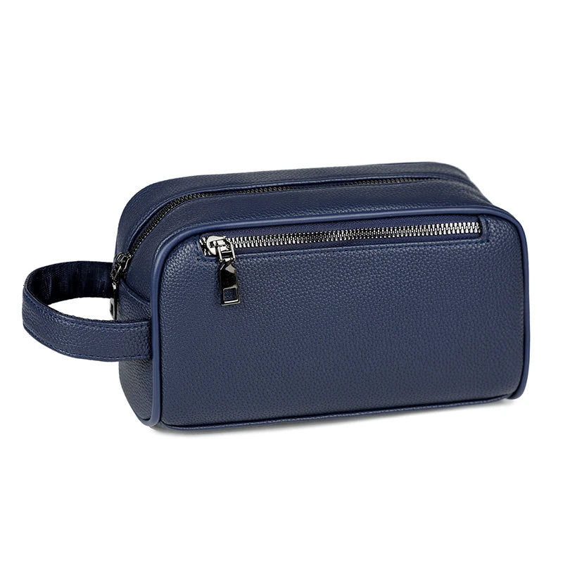 Pochette pour homme en cuir PU bleu marine avec fermeture éclair et sangle.