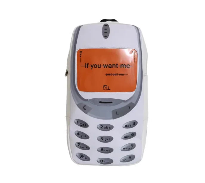 A white vintage Y2K telephone backpack with an orange display and keypad.