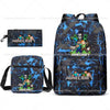 A dark blue and black Minecraft themed backpack featuring minifigures and block textures.