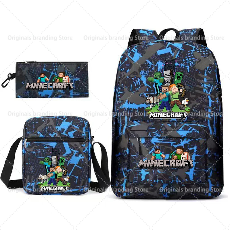 A dark blue and black Minecraft themed backpack featuring minifigures and block textures.